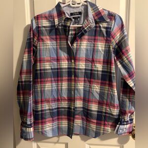 Chaps Women’s Petite Blue and Pink Plaid Button Down Shirt
